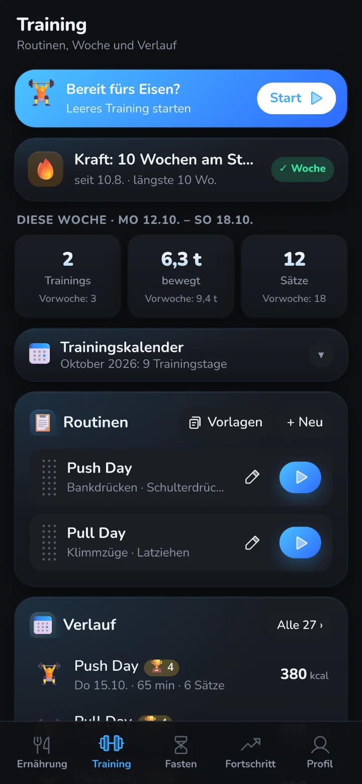 Training mit Routinen und Wochenstatistik